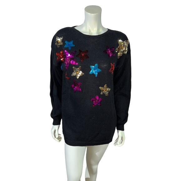 Vintage 90s Jason Maxwell Sequin Star Sweater - NWT Black Rainbow Stars Medium - Picture 12 of 12